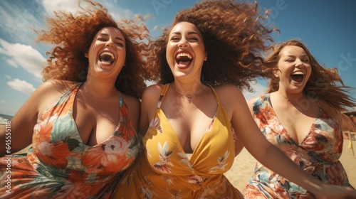 Cheerful plus-size women enjoying the beach, Three overweight happy women in summer dresses, generative ai