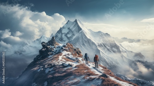Mountaineers and snow-covered mountain peaks landscape, generative ai