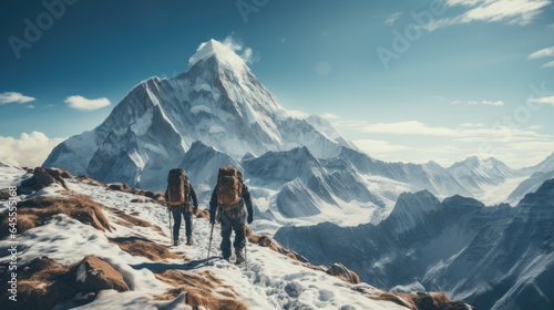 Two hikers in snow-covered mountains in winter, generative ai
