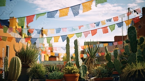 Cactus plant in the pots with colorful bunting AI Generative © Tebha Workspace