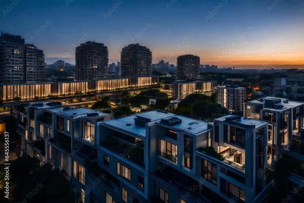 view of the city ,Flat roof with air conditioners on top modern apartment house building exterior mixed-use urban multi-family residential district area development. 