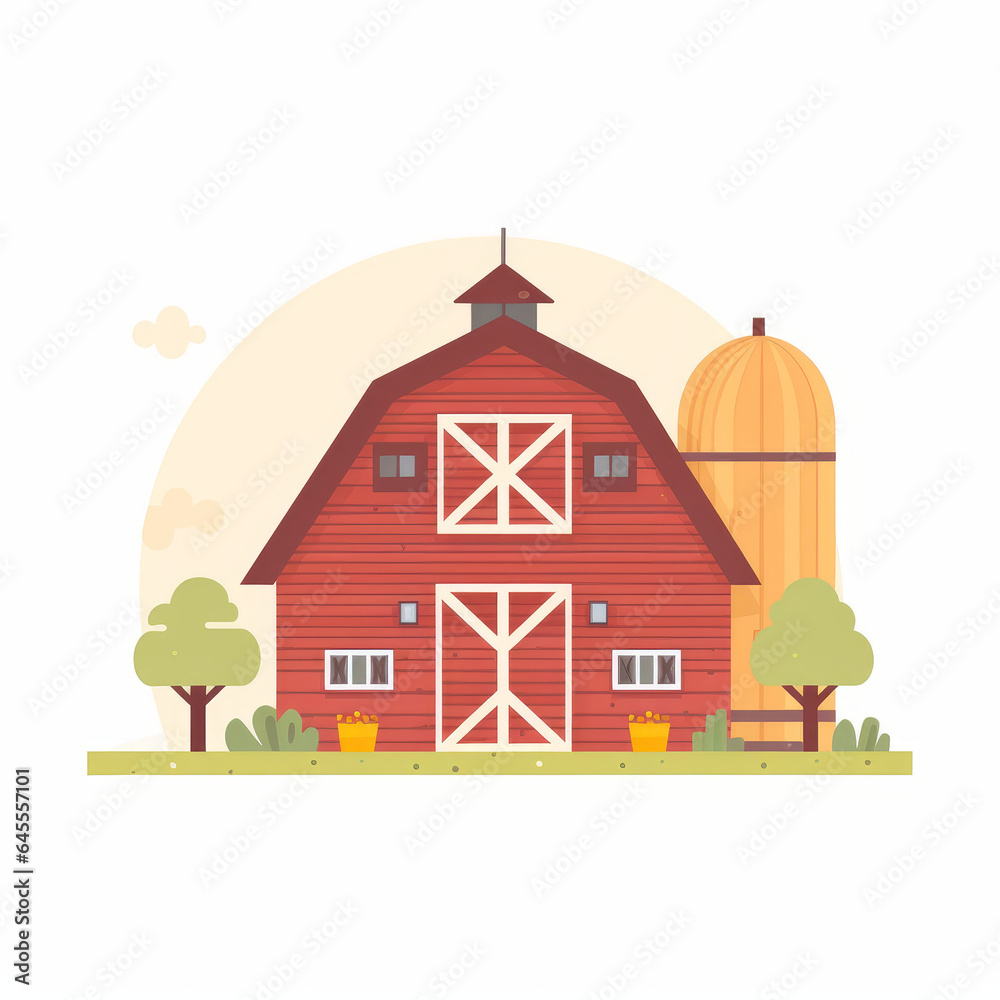 Simple barn, 2D, simple, flat vector, cute cartoon, illustration, rustic, country-themed, child-friendly, educational materials, whimsical graphics, charming design, lovable, playful. Simple barn, 2D, simple, flat vector, cute cartoon, illustration, rustic, country-themed, child-friendly, educational materials, whimsical graphics, charming design, lovable, playful.