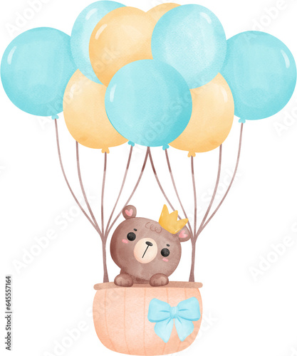 Cute baby shower bear, baby in hot balloon watercolor © Natsicha