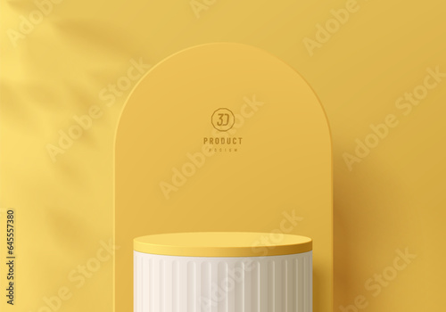 3D background. White and yellow cylinder pedestal podium with light and leaf shadow wall scene. Platforms mockup product display presentation. Abstract composition in minimal design. Stage showcase