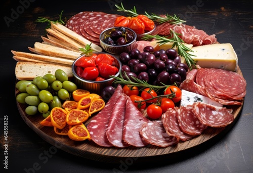 Delicious charcuterie platter with sausage, chorizo, smoked ham on white background