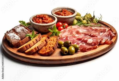 Delicious charcuterie platter with sausage, chorizo, smoked ham on white background