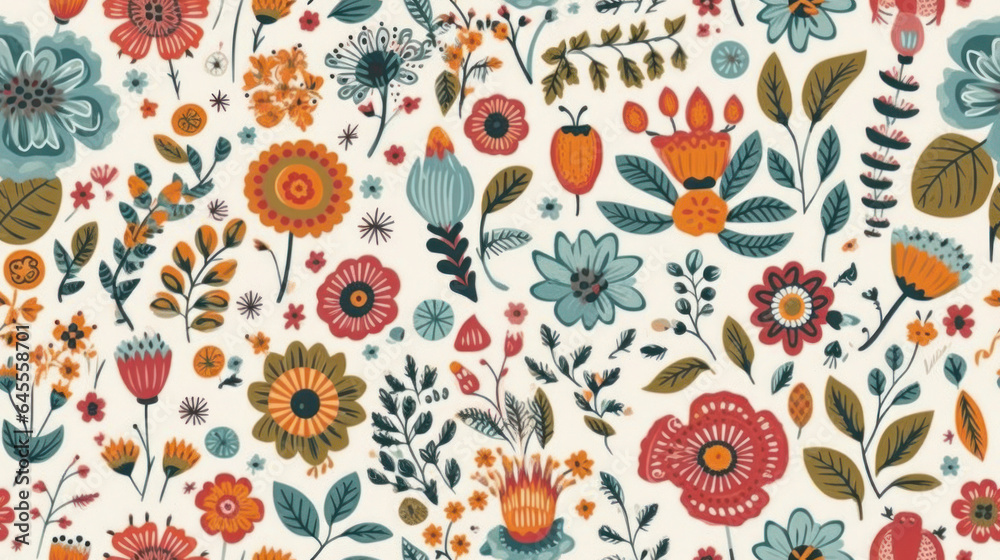 Folk Art Illustration - A Collection of Flowers Folk Art Illustration - A Collection of Flowers