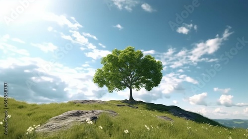 Growing tree on the hill against sky with alpha matte generative ai