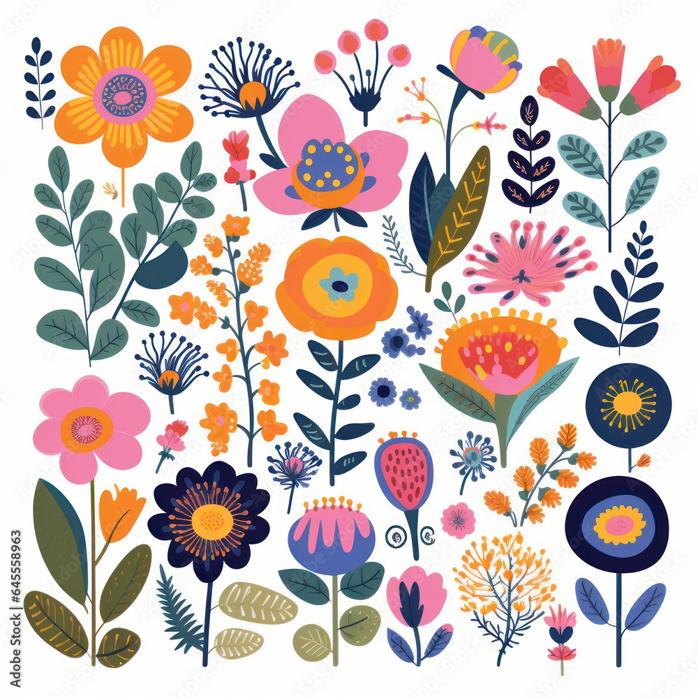 Folk Art Illustration - A Collection of Flowers Folk Art Illustration - A Collection of Flowers