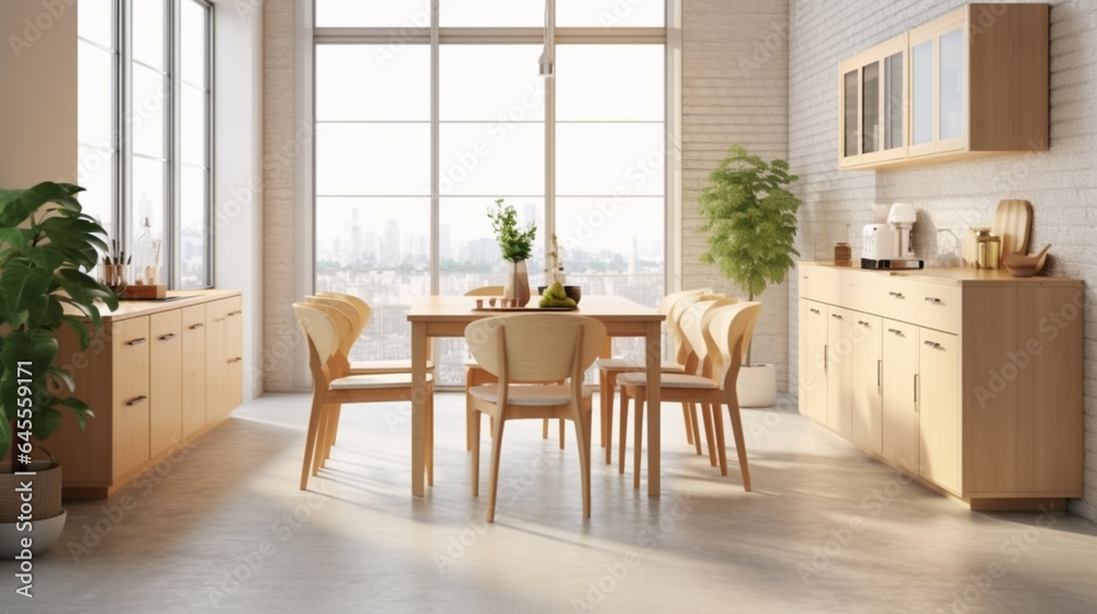 Fototapeta premium kitchen nordic style wide angle dining table wood generative ai