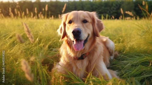 Lovely golden retriever dog outdoors grass field look generative ai