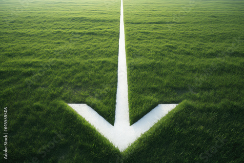 Top view of white arrow in a green field