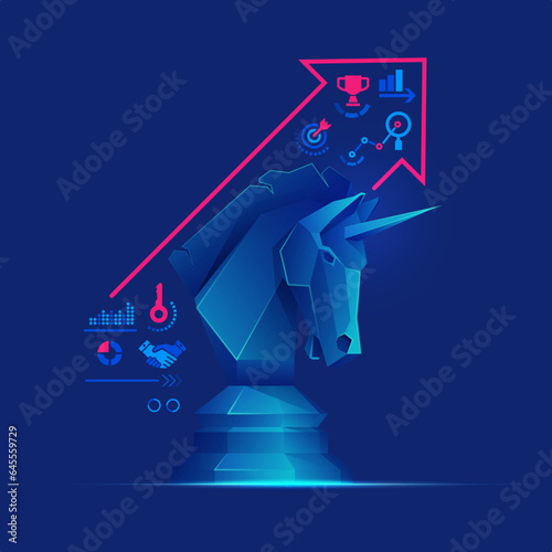startup business metaphor, graphic of unicorn chess piece with business element