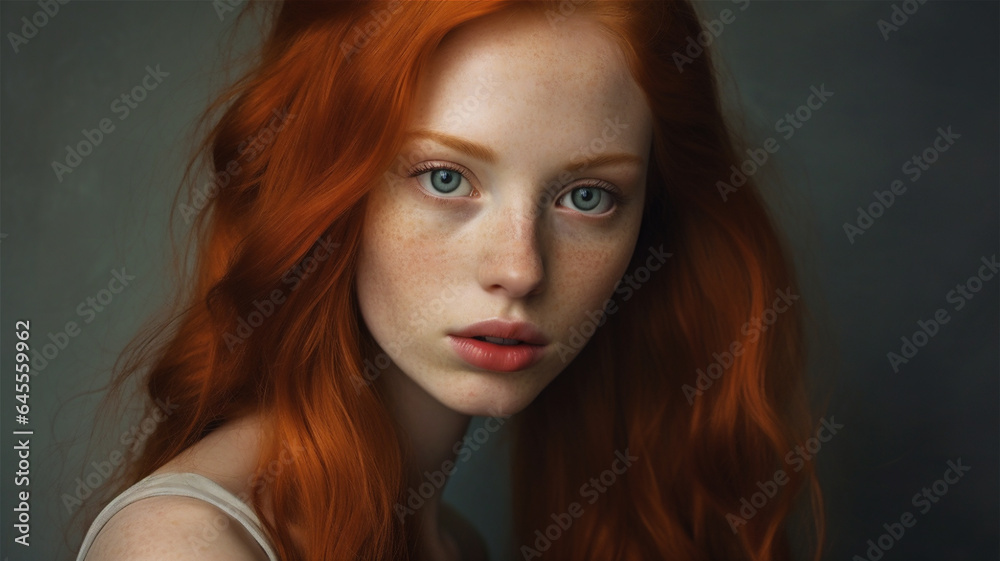 Studio portrait of a female model with red hair. Pale complexion and