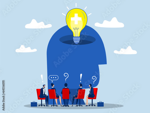 Team; working meeting or share idea with lightbulb on human head Positive thinking business concept; leadership; cooperation; partnership; Innovation; new idea; creativity concept in vector.
