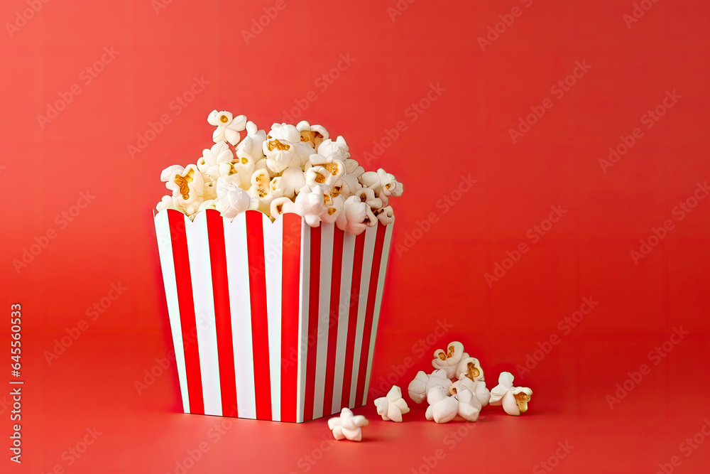 Paper striped box with popcorn on red background