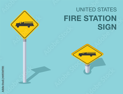 Traffic regulation rules. Isolated United States fire station sign. Front and top view. Flat vector illustration template.