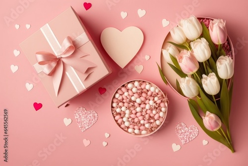 Mother's Day concept. Top view photo of gift boxes with bows bouquets of pink and white tulips and heart shaped saucer with sprinkles on isolated pastel pink background, Generative AI