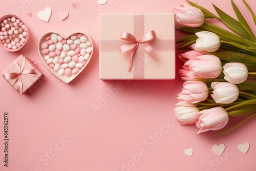Mother's Day concept. Top view photo of gift boxes with bows bouquets of pink and white tulips and heart shaped saucer with sprinkles on isolated pastel pink background, Generative AI