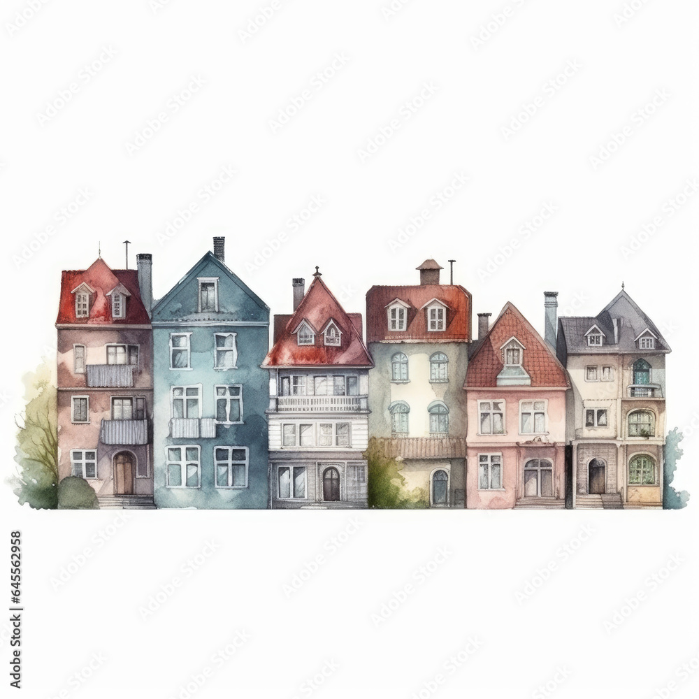 Row of Cute Colorful Houses Illustration - Watercolor Style