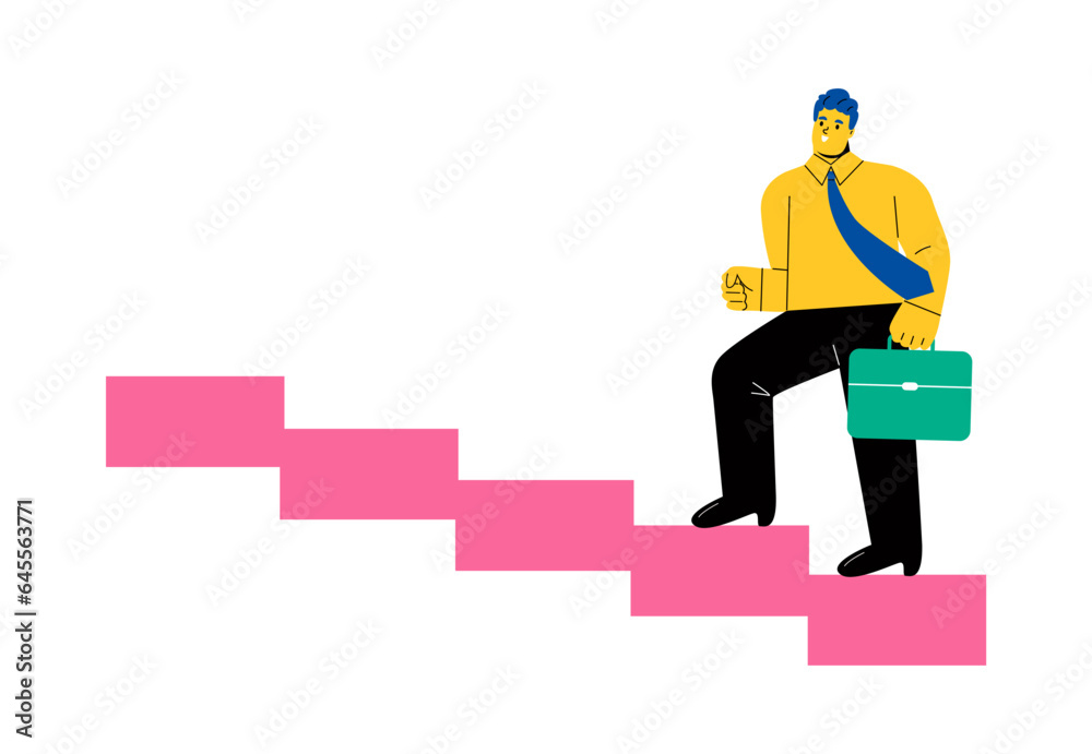 Stairway to success, Confidence business man step walking up stair of success. Flat vector illustration isolated on white background