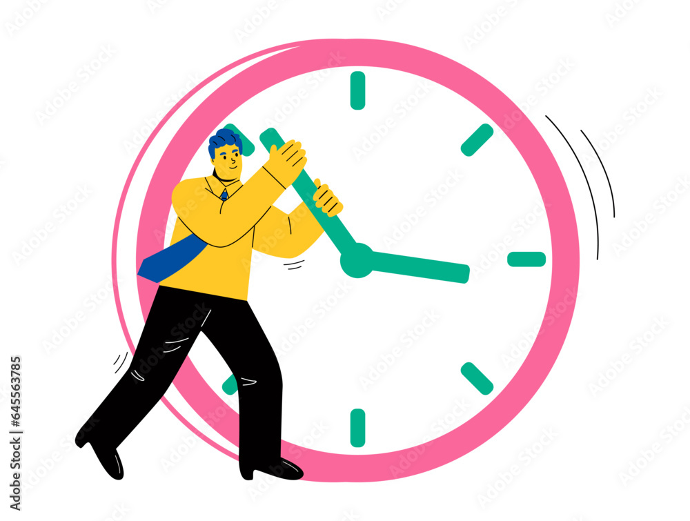 Time management concept. Business man trying to delay time on big giant clock. Flat vector illustration isolated on white background Time management concept. Business man trying to delay time on big giant clock. Flat vector illustration isolated on white background