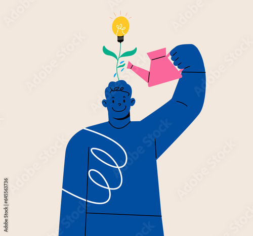 Man watering a plant with a light bulb. Investment on an innovative concept. Colorful vector illustration