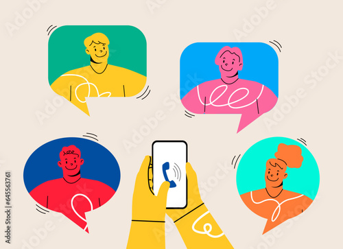 People working or meeting online with teleconference, work from home. Colorful vector illustration