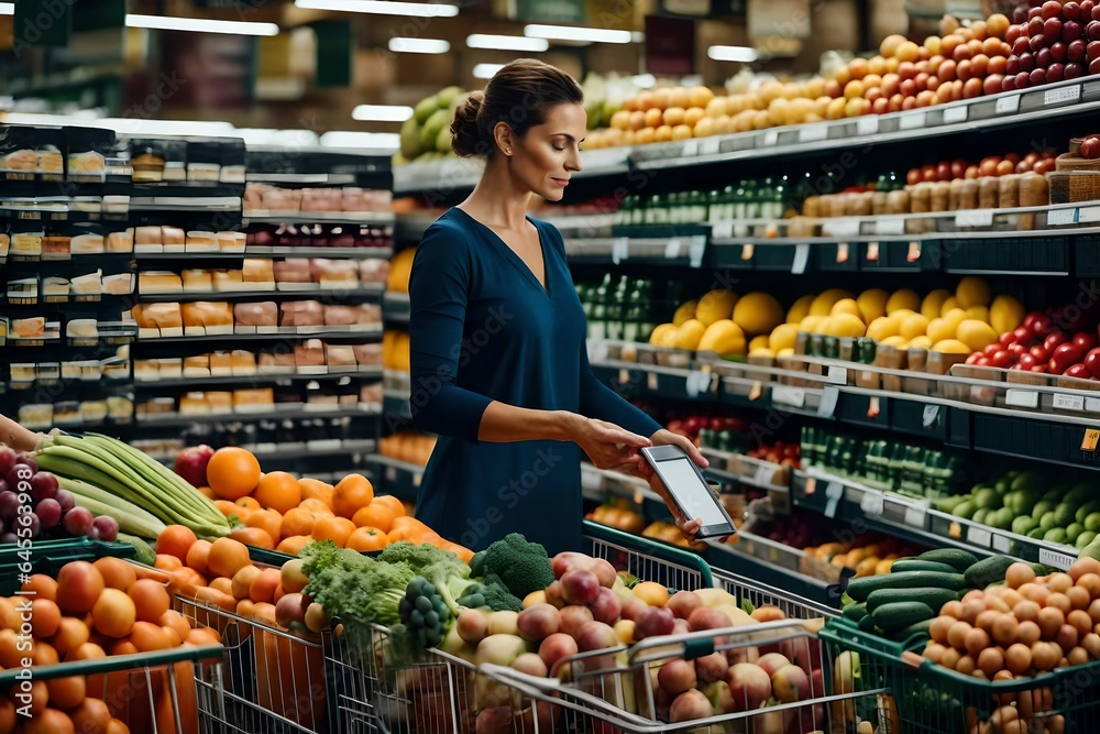 A woman makes wise purchases by weighing the nutritional value, price, and other factors of the things she chooses in the grocery store