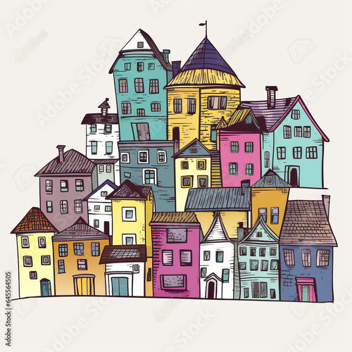 Whimsical town, houses illustration, imaginative, vibrant, charming, children's books, fantasy-themed, artistic, creativity, enchantment