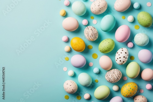 Top view photo of easter decorations multicolored easter eggs on isolated pastel blue background with copyspace  Generative AI