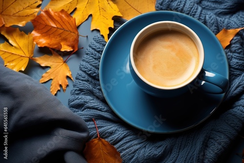 Cozy fall, blue coffee mug on warm knitted fabric with yellow fallen autumn leaves photo