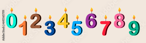 Birthday burning candles numbers shapes with burning flames. Colorful vector illustration