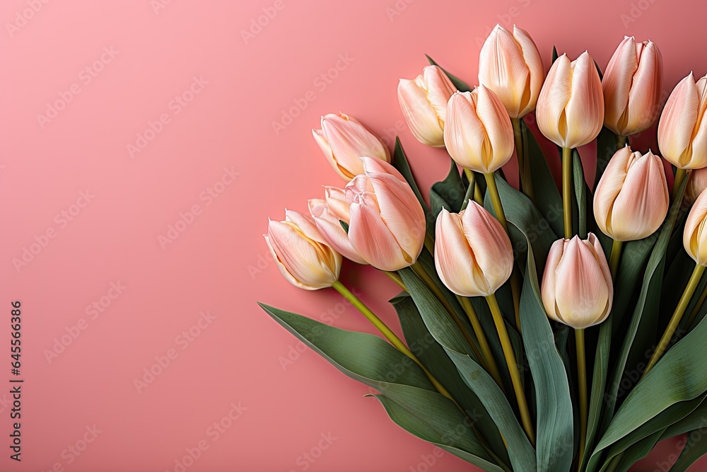 Fototapeta premium tulips on pink background, copy space