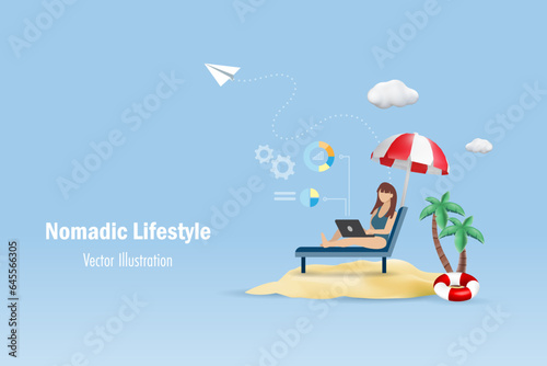 Digital nomad, nomadic lifestyle Working on vacation. Woman at beach chair working on laptop computer analysing business graph and charts. Workation, freelancer work in wireless innovation technology.