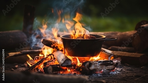 Campfire and pot. Vintage fire camping cooking in cauldron on firewood and flame, outdoor hot meal cook
