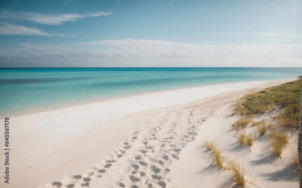 Beautiful landscape of paradisiacal beach with white sands and turquoise blue sea, wallpaper, copyspace for text