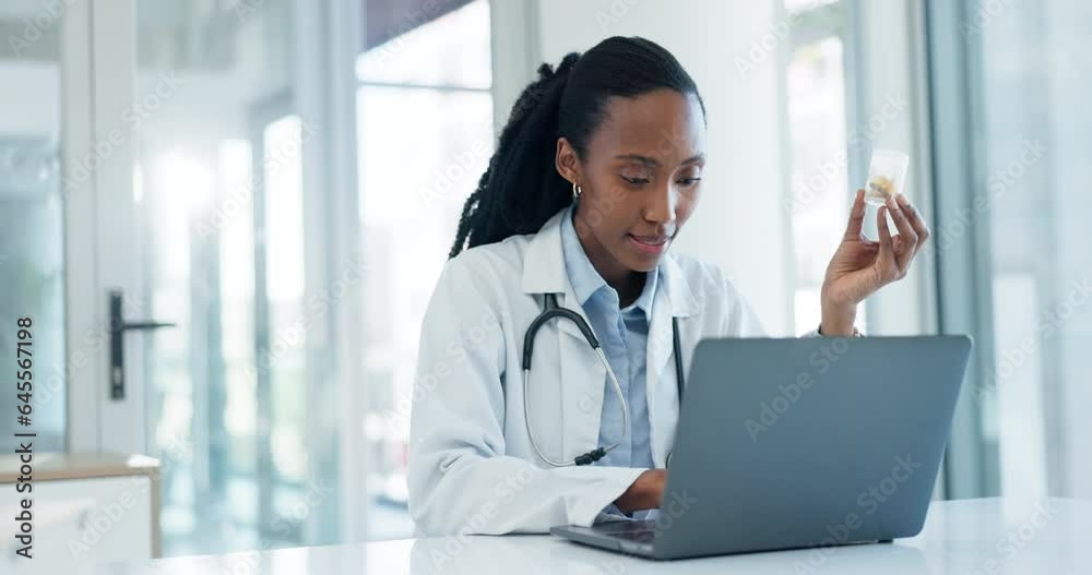 Doctor, laptop and black woman research pills for online medical info, hospital report or medicine review. Clinic, computer and African surgeon typing pharmaceutical search for healthcare service Doctor, laptop and black woman research pills for online medical info, hospital report or medicine review. Clinic, computer and African surgeon typing pharmaceutical search for healthcare service