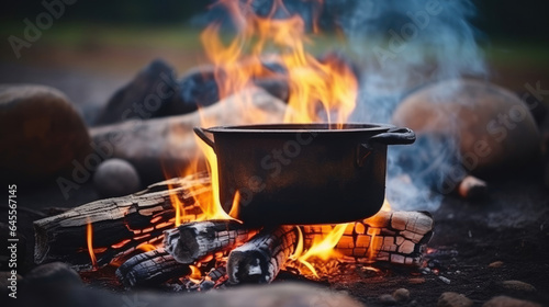 Campfire and pot. Vintage fire camping cooking in cauldron on firewood and flame, outdoor hot meal cook