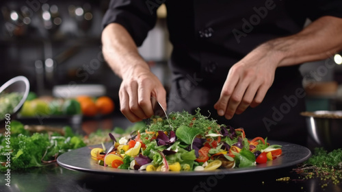 Cropped photo Close-up hands of male cook adding greens finishing dish, decorating meal in the end. gastronomy, food, nutrition, cafe concept