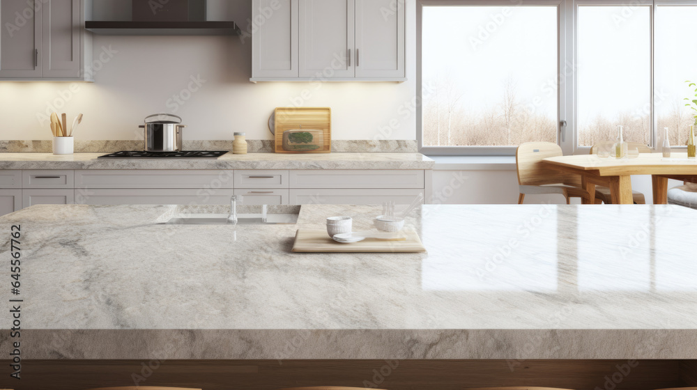 Front view of white granite kitchen countertop island for montage ...