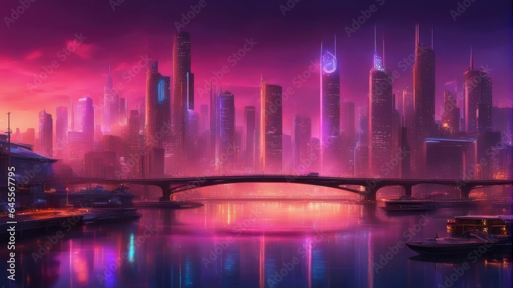 Futuristic night city. Cityscape on a colorful background with bright and glowing neon lights. Wide city front perspective view.
