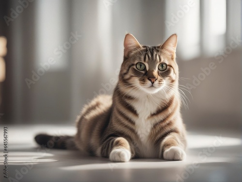 The cat looks to the side and sits on the tiled floor. Portrait of a funny kitten  close up.