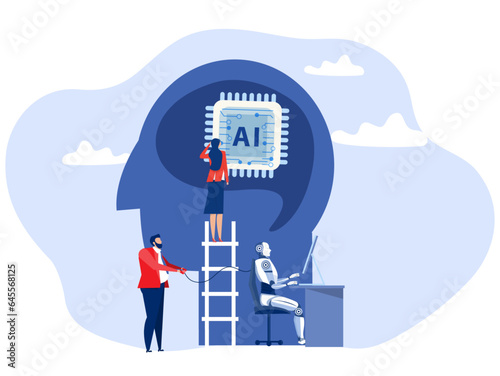 Business industry robot factory concept Robotic system control  put AI processing chip into human brain with AI, Artificial Intelligence,robot and automation innovation concept vector