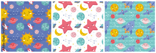 Set of Smile Seamless Pattern Design Illustration with Smiling Character and Happiness Face in Template Hand Drawn Flat Cartoon