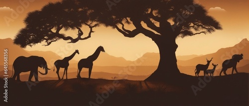 African Wildlife with Deers  Elephants and Giraffes  safari illustration isolated