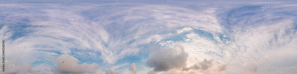 Blue summer sky panorama with puffy Cumulus clouds. Hdr seamless spherical equirectangular 360 panorama. Sky dome or zenith for 3D visualization and sky replacement for aerial drone 360 panoramas.