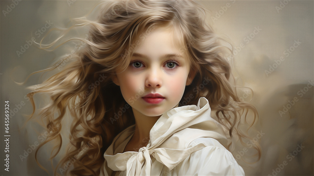 A young female child modeling a white top or dress in a studio portrait. Youthful and fresh-faced. Cute, with long blonde curly hair and perfect skin.
