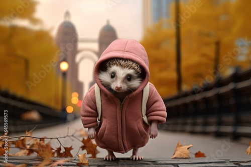 close up fashion portrait of funny hedgehog walking on city street road, at autumn time, Generative Ai