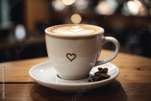 Zamknij się biały kubek kawy z latte art kształcie serca na zakładce drewna